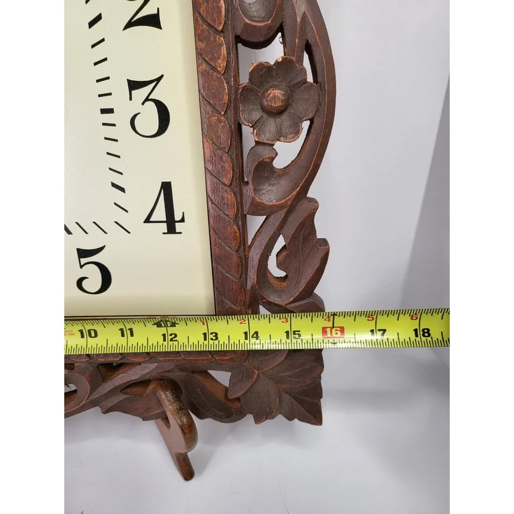 SAS Living Hand Carved Wood Wall Clock Floral Openwork Square Brown 16.5in